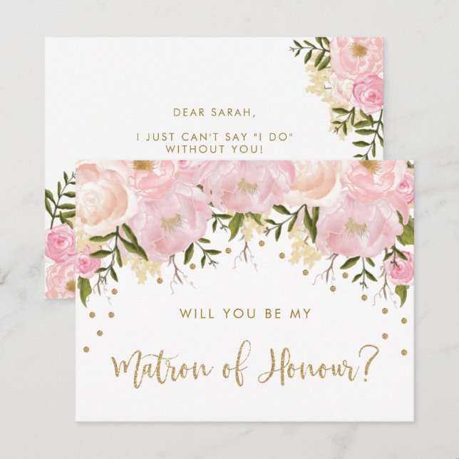 Blush Gold Pink Flowers Be My Matron of Honor Invitation (Front/Back)