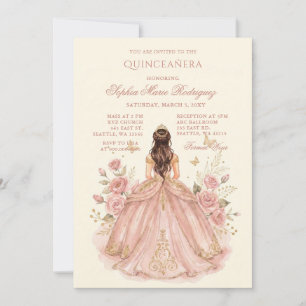 Blush Gold Princess Floral Tiara Quinceañera Invitation