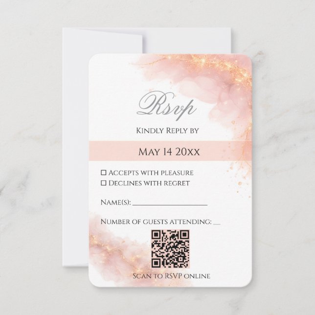Blush Gold QR  Sparkle Romantic Wedding Elegance RSVP Card (Front)