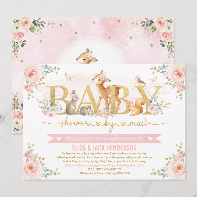 Blush Gold Roses Woodland Baby Shower By Mail Invitation (Front/Back)