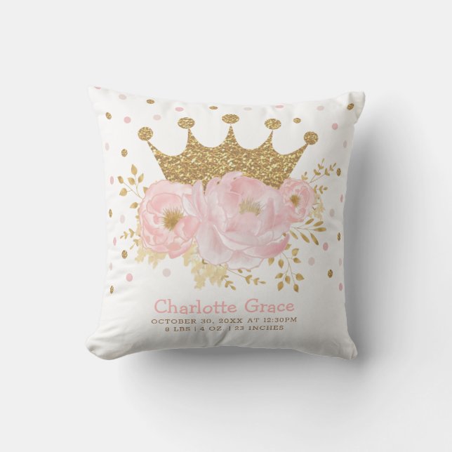 Blush Gold Royal Princess Crown Baby Birth Stats Cushion (Front)