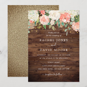 Blush Gold Rustic Wood Floral Wedding Invitation