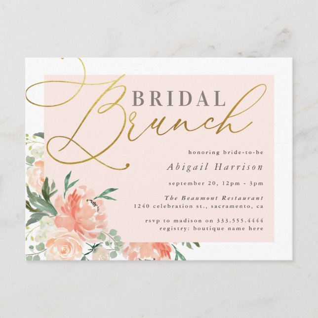 Blush & Gold Script Floral Bridal Brunch Invitation Postcard (Front)