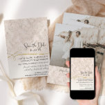 Blush Gold Scroll Damask Engaged Photograph Save The Date<br><div class="desc">"Blush Gold Scroll Damask Engaged Photograph Save the Date." Your photograph, names and wedding date are featured on the reverse side so your guests can keep and treasure your announcement forever. Elegant, barely blush pink and beige classic leaf and floral damask pattern painted by internationally licensed artist and designer, Audrey...</div>