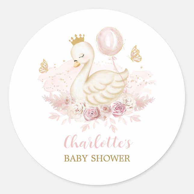 Blush Gold Swan Princess with Balloon & Butterfly Classic Round Sticker (Front)