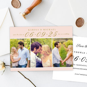 Blush Gold Three Photo Collage Wedding Save The Date