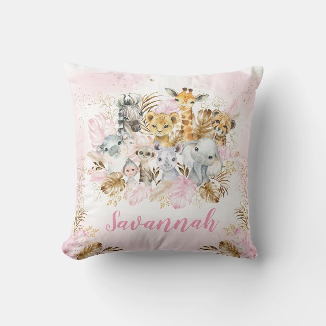 Blush Gold Tropical Jungle Safari Animals Nursery Cushion (Front)