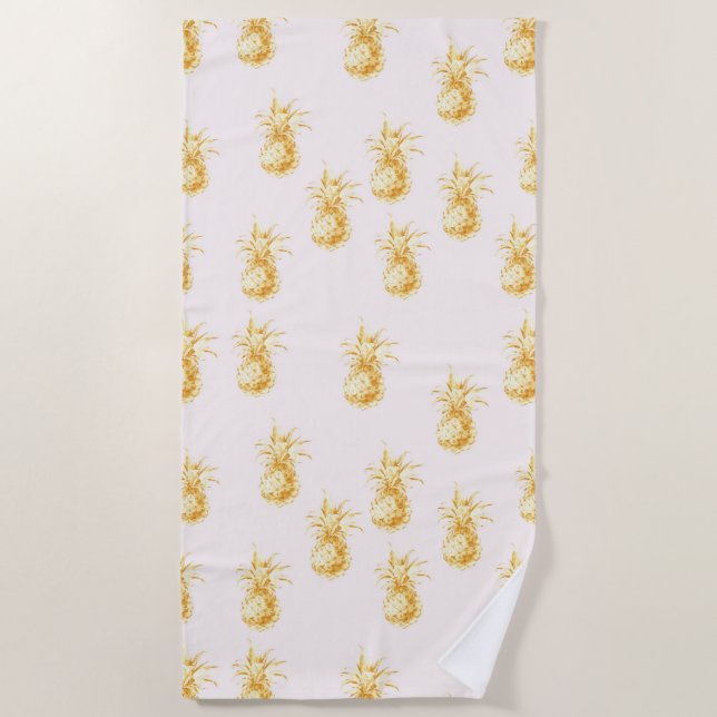 Blush Gold Tropical Pineapples Beach Towel (Front)
