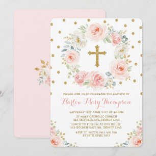 Blush Gold Watercolor Floral Baptism Christening Invitation