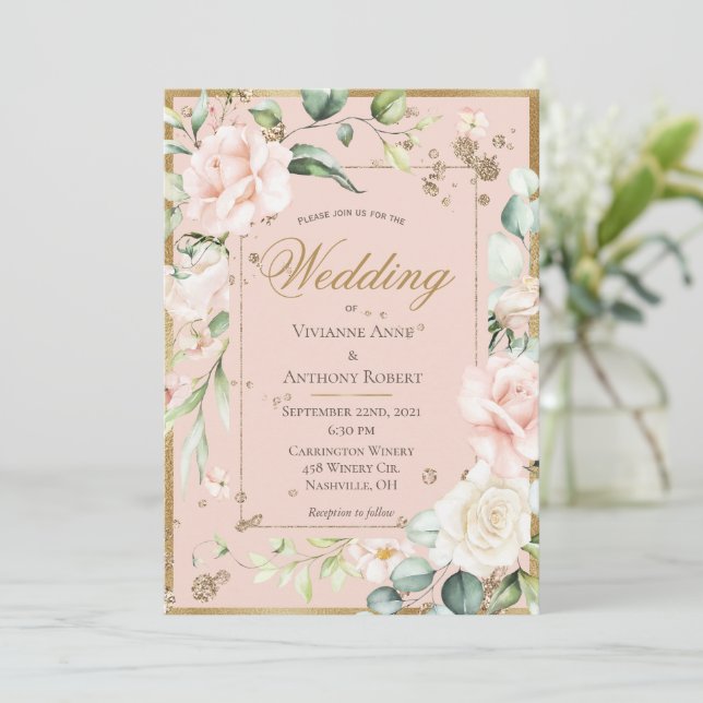 Blush Gold Watercolor Romantic Floral Wedding Invi Invitation (Standing Front)