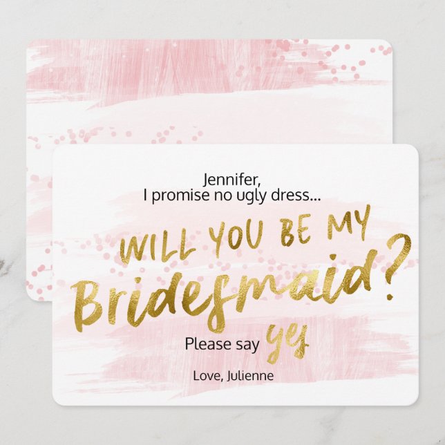 Blush & Gold Watercolor Will you be my bridesmaid Invitation (Front/Back)