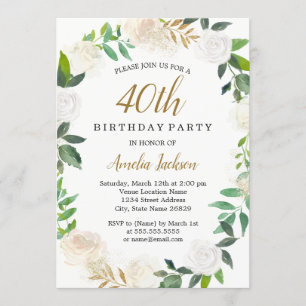 Blush Gold Watercolor Wreath 40th Birthday Invitation
