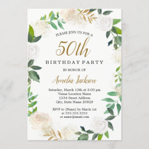Blush Gold Watercolor Wreath 50th Birthday Invitation