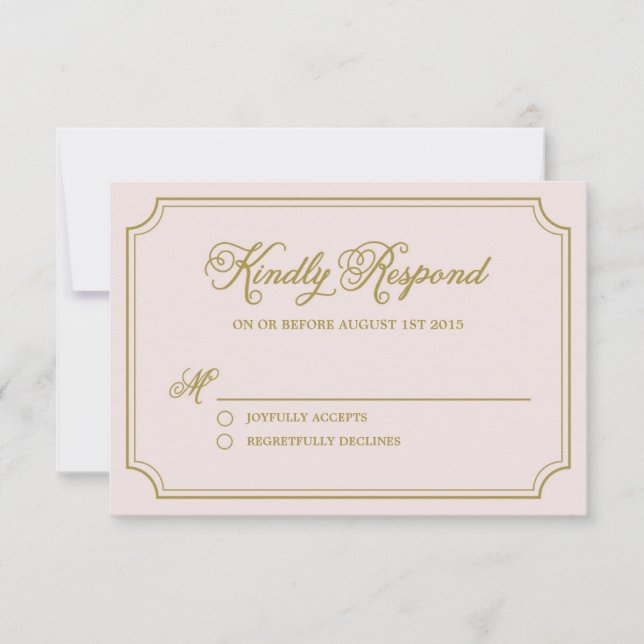 Blush & Gold Whimsical Script Wedding RSVP Card (Front)