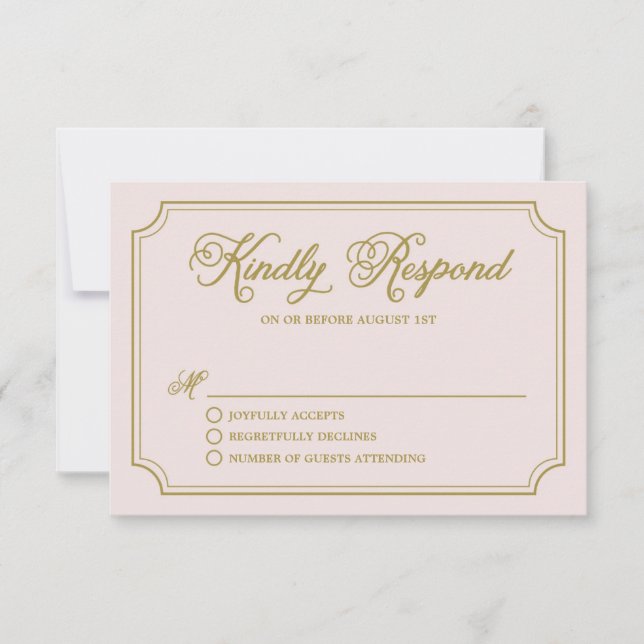 Blush & Gold Whimsical Script Wedding RSVP II Card (Front)