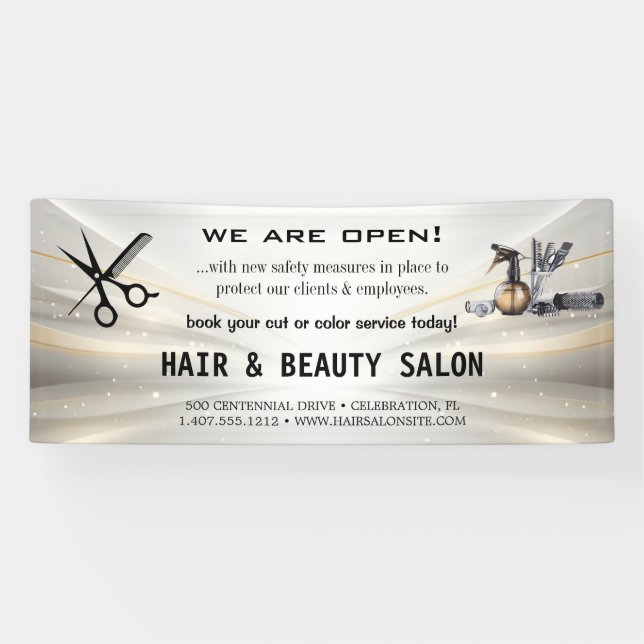 Blush & Gold Whisk Scissors Hair Salon Reopening  Banner (Horizontal)