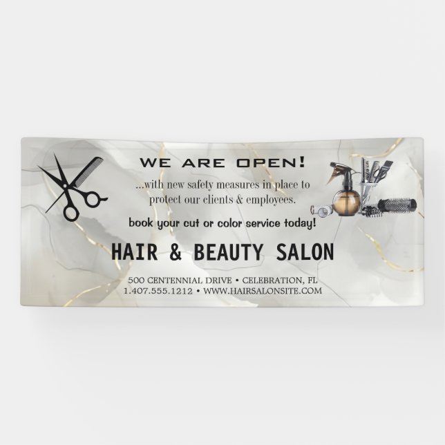 Blush & Gold Whisk Scissors Hair Salon Reopening  Banner (Horizontal)