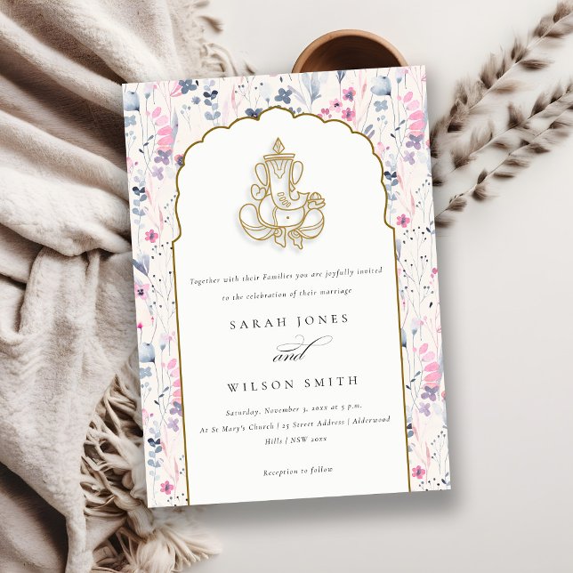 Blush Gold Wildflower Ganesh Indian Wedding Invitation (Creator Uploaded)