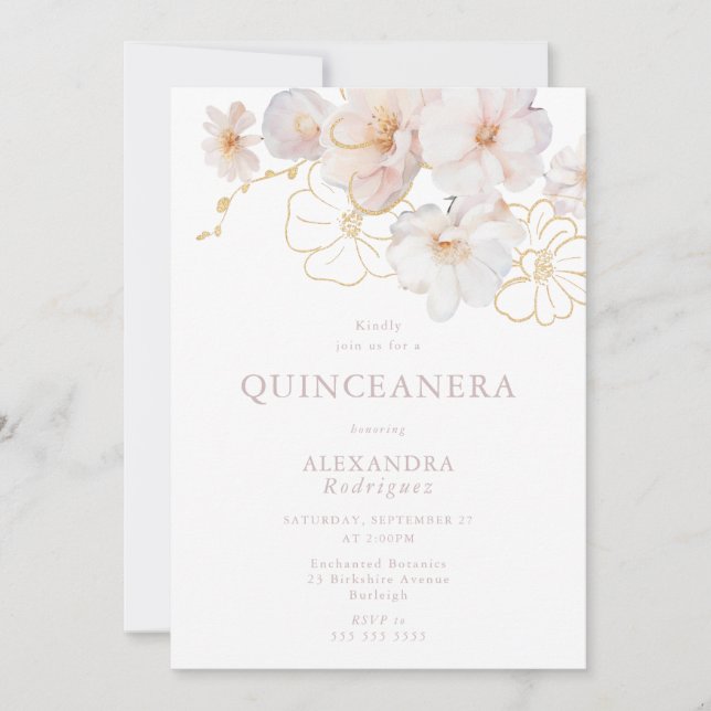 Blush & Gold Wildflowers Elegant Quinceanera Invitation (Front)