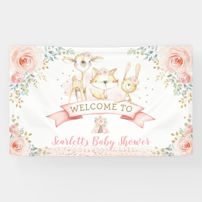 Blush Gold Woodland Animals Baby Shower Welcome Banner (Horizontal)