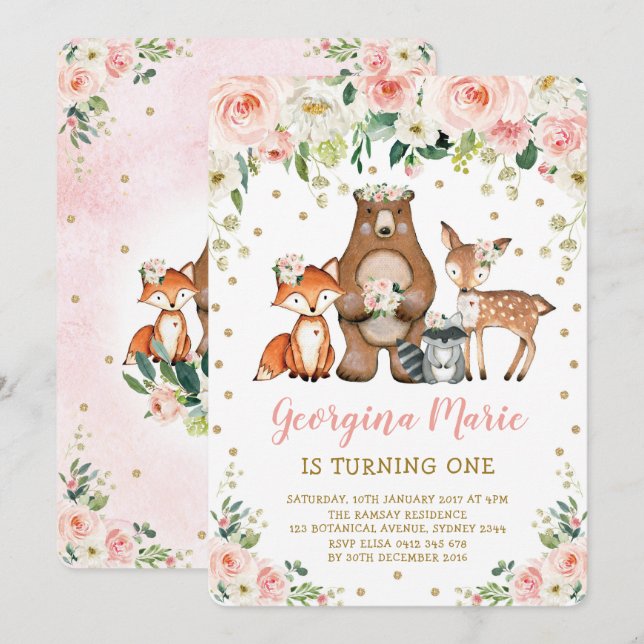 Blush Gold Woodland Animals Girly Floral Birthday Invitation (Front/Back)