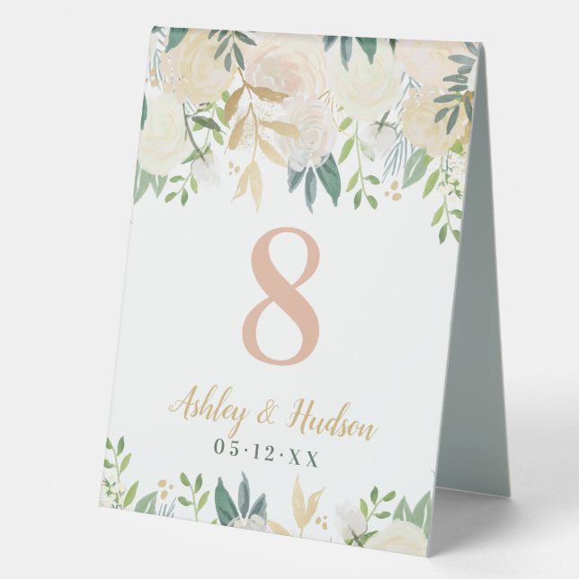 Blush Green Gold Floral Wedding Monogram Number (Front)