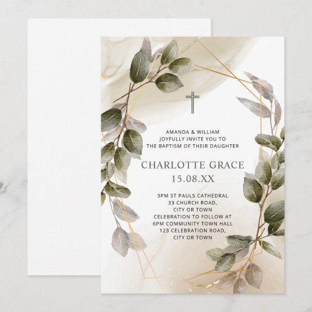 Blush Green & Gold Frame Botanical Baptism Invitation (Front/Back)