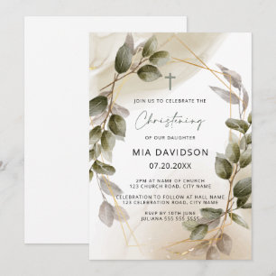 Blush Green & Gold Watercolor Leaves Christening Invitation