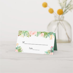 Blush Green Succulent Cactus Floral Wedding Table Place Card