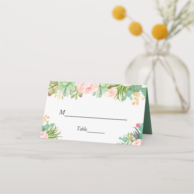 Blush Green Succulent Cactus Floral Wedding Table Place Card (Front)