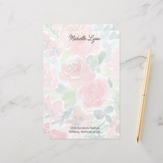 Blush, Green Transparent Watercolor Roses Custom S Stationery (Front/Back In Situ)