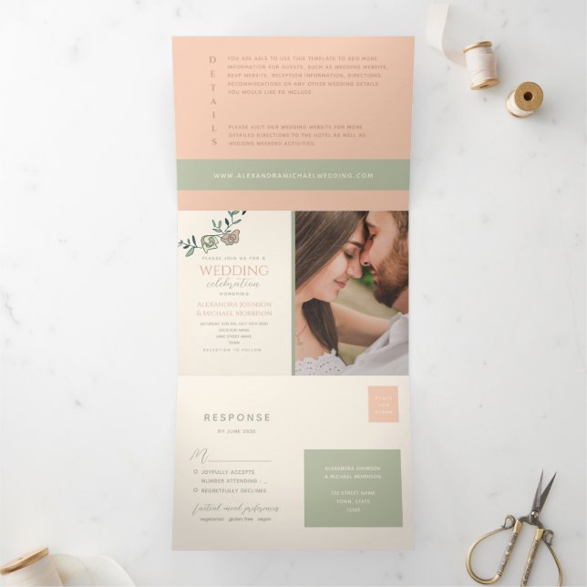Blush Green Tri-Fold Photo Wedding Invite (Inside)