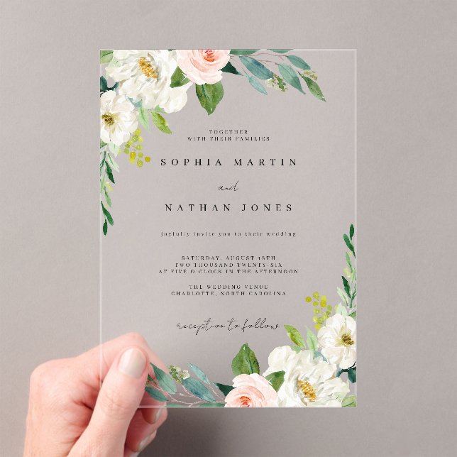 Blush Green Watercolor Botanical Wedding  Acrylic Invitations (Insitu (Handheld))