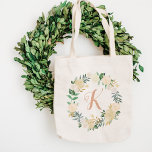 Blush Greenery Floral Wreath Bridesmaid Initial Tote Bag<br><div class="desc">Personalised tote bag design features a monogram initial framed by an elegant floral watercolor wreath that includes painted greenery with roses,  ranunculus flowers,  and leaves in neutral shades of white,  cream,  blush pink,  gold and green. Makes a great gift for your wedding party / bridesmaids!</div>