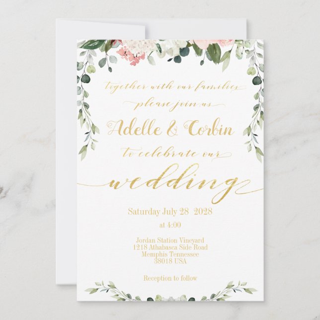 Blush Greenery & Gold Calligraphy Writing Wedding Invitation (Front)