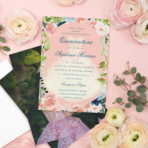 Blush Greenery Romantic Quinceañera Dress Invitation