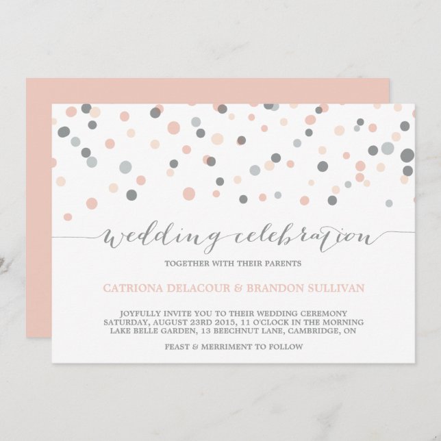 Blush & Grey Confetti Dots Wedding Invitation (Front/Back)
