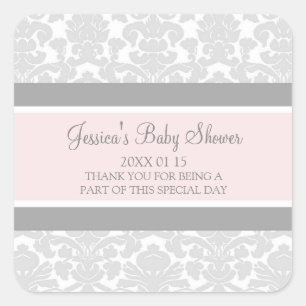 Blush Grey Damask Baby Shower Favour Stickers