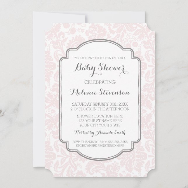 Blush Grey Damask Custom Baby Shower Invitations (Back)