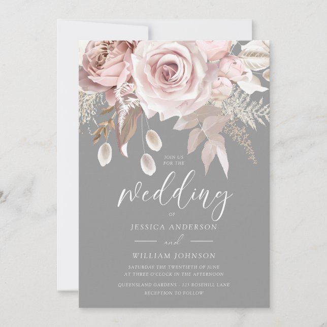 Blush & Grey Floral Elegance Wedding Invitation (Front)
