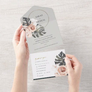 BLUSH GREY FLORAL WREATH MONSTRERA LEAF WEDDING ALL IN ONE INVITATION