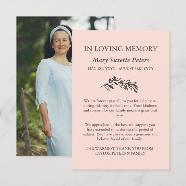 Blush Grey Greenery Sympathy With Photo Thank You Card (Front/Back)