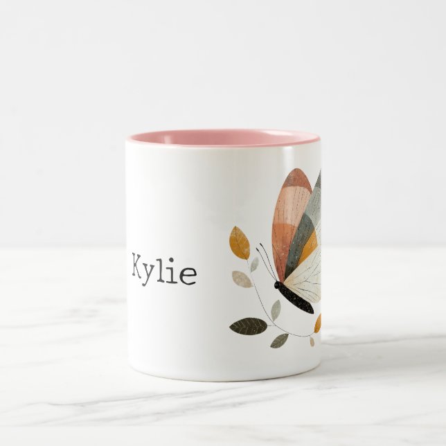 Blush Grey Orange Butterfly Two-Tone Coffee Mug (Center)