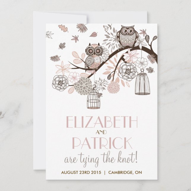 Blush & Grey Retro Owls Winter Wedding Invitation (Front)