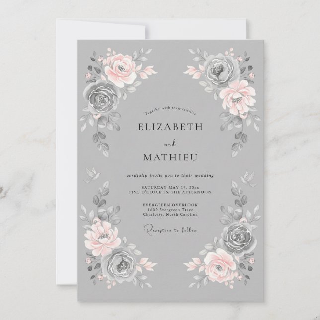 Blush Grey Romantic Floral Wedding Invitation (Front)
