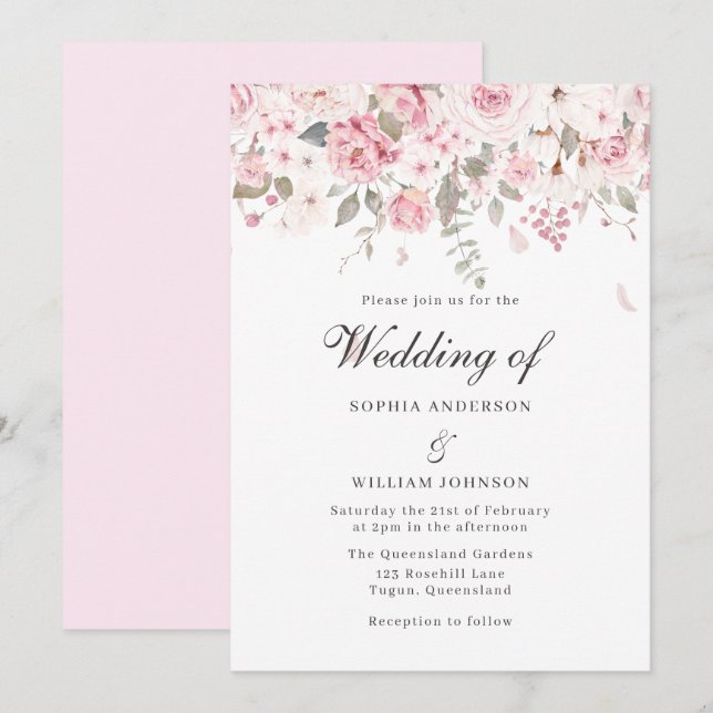 Blush & Grey Roses Elegant Floral Winter Wedding Invitation (Front/Back)