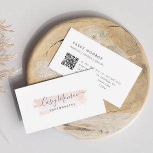 Blush & Grey Watercolor Signature Script QR Code Business Card