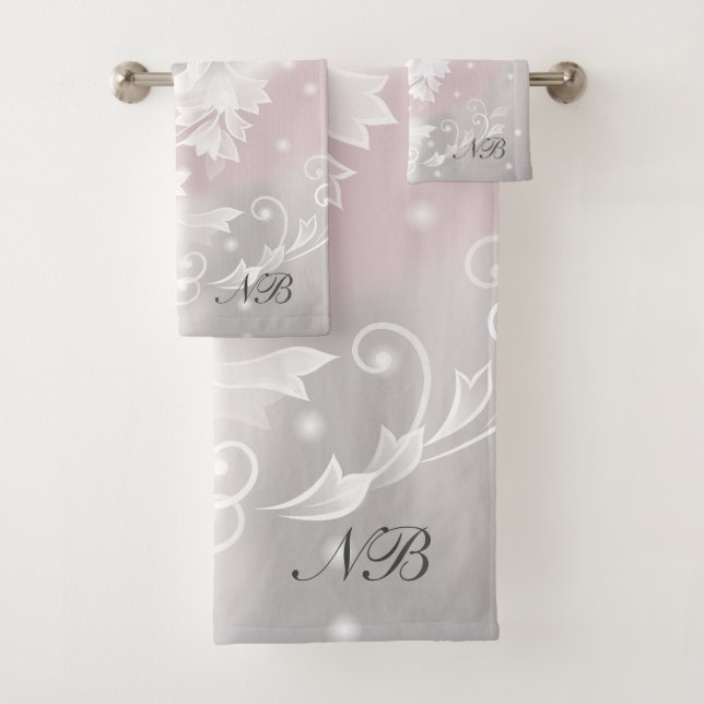 Blush Grey White Floral Fantasy Initials Bath Towel Set (Insitu)