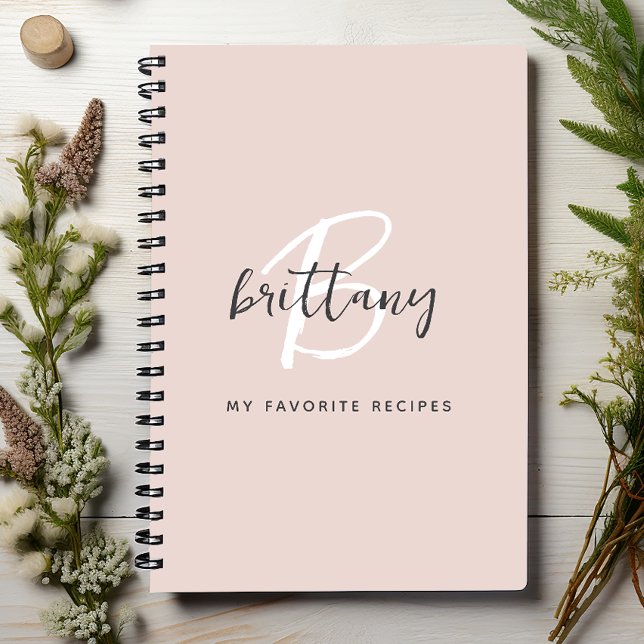Blush Grey White Monogram Name Recipe Book (Creator Uploaded)