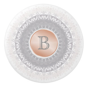 Blush Grey White Rose Gold Mandala Monogram Ceramic Knob